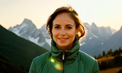 Wall Mural - Portrait of a smiling woman in a green jacket on the background of the mountains