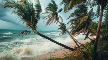 Wall Mural - strong winds on a beach with storm or hurricane rain