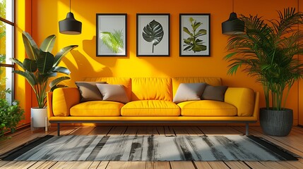 Canvas Print - Modern Living Room With Yellow Sofa and Greenery