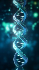 Wall Mural - Abstract structure of DNA molecule on blurred blue background. DNA double helix structure, human genome. Science and biotechnology. Medical research, genetic concept