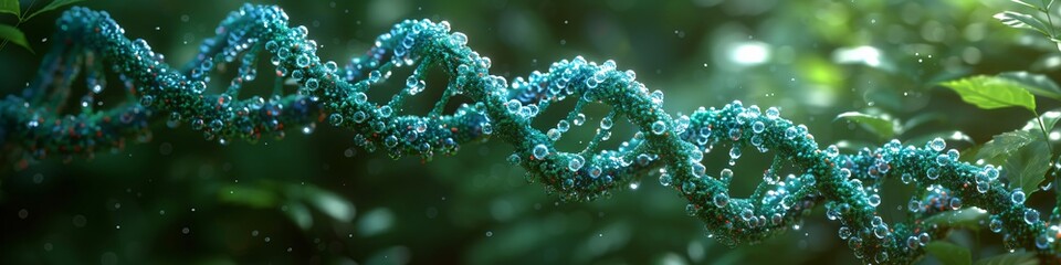 Wall Mural - Abstract structure of DNA molecule on blurred natural green background. DNA double helix structure. Genetically modified product. Sustainable science and eco friendly technology concept