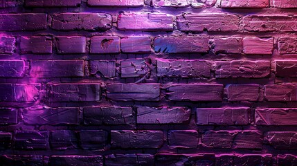 Canvas Print - Purple neon-lit brick wall background with copy space. High-quality stock photo of empty background for texture with purple glow. 