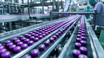 Wall Mural - Industrial pharmaceutical production line with a series of purple capsules organized in rows on a conveyor belt 