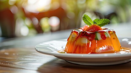 Wall Mural - Colorful fruit jelly dessert with strawberry garnish on white plate