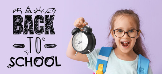 Canvas Print - Little schoolgirl with alarm clock on color background. Time to study