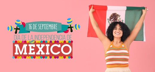 Poster - Beautiful woman with Mexican flag on pink background. Banner for Independence Day of Mexico