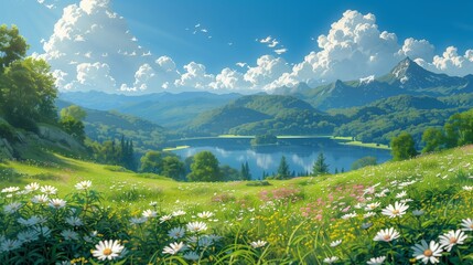 Wall Mural - Sunny Day in the Mountains With a Lake and Wildflowers