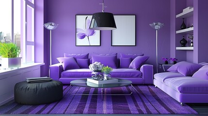 Wall Mural - A sophisticated living room designed with a purple color scheme and minimalist decor. The uncluttered space offers ample copy space for text or additional design elements.