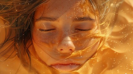 Wall Mural - Closeup Portrait of a Woman With Eyes Closed Submerged in Water With Golden Light