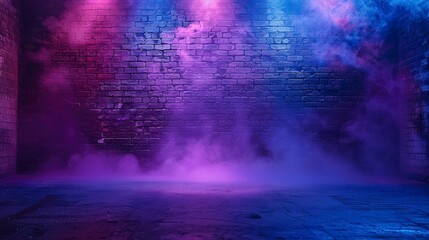 Wall Mural - Brick wall texture pattern blue and purple background an empty dark scene laser beams neon spotlights reflection on the floor and a studio room with smoke floating up for display products