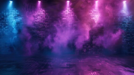 Wall Mural - Brick wall texture pattern blue and purple background an empty dark scene laser beams neon spotlights reflection on the floor and a studio room with smoke floating up for display products