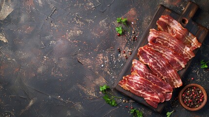 Canvas Print - Rustic Top View of Smoked Bacon Slices on Table With Copy Space