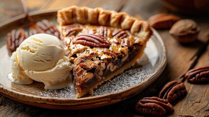 Wall Mural - Pecan pie slice with scoop of vanilla ice cream on rustic plate