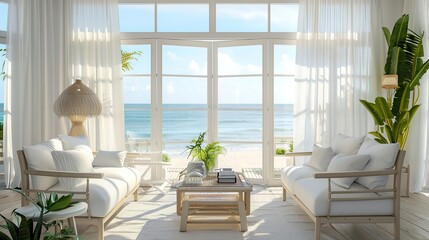 A large living room with a white couch and two chairs, a coffee table, and a potted plant. The room has a beach theme, with a large window overlooking the ocean. The curtains are white