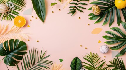 Wall Mural - Layered tropical foliage with geometric Memphis shapes on a muted earth tone background, high-resolution, ideal for modern and creative desktop designs