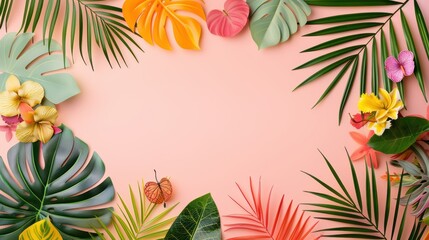 Wall Mural - Layered tropical foliage with geometric Memphis shapes on a muted earth tone background, high-resolution, ideal for modern and creative desktop designs