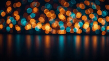 Out-of-focus bokeh lights, appearing orange and blue, reflected on a dark, shiny surface