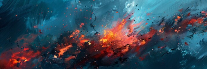 Wall Mural - Vivid blend of colors seen in an abstract art piece with lively red and blue tones exploding across the canvas