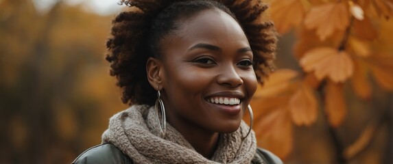 Poster - african woman smiling in autumn background portrait model with clear natural face healthy face skin ad concept