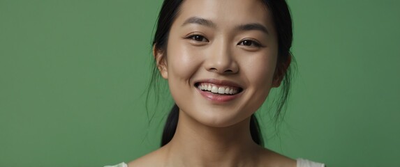 Poster - asian woman smiling in bright green background portrait model with clear natural face healthy face skin ad concept