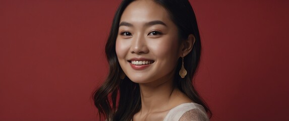 Poster - asian woman smiling in plain red background portrait model with clear natural face healthy face skin ad concept