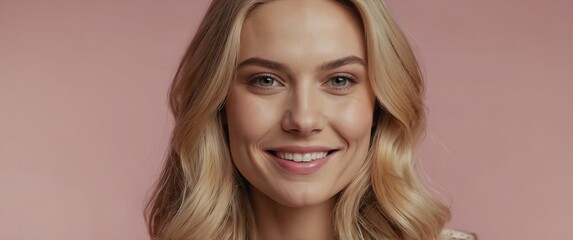 Poster - blonde woman smiling in plain pink background portrait model with clear natural face healthy face skin ad concept