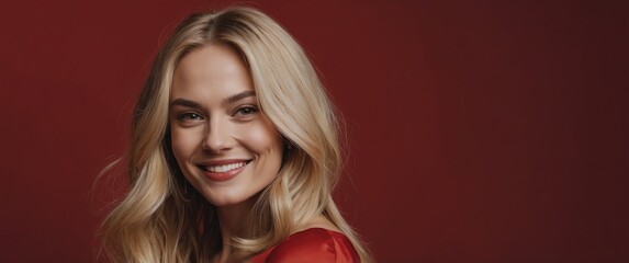 Poster - blonde woman smiling in plain red background portrait model with clear natural face healthy face skin ad concept