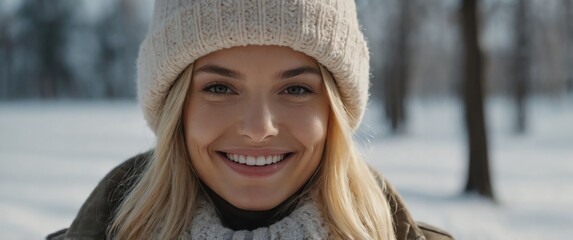 Poster - blonde woman smiling in winter background portrait model with clear natural face healthy face skin ad concept