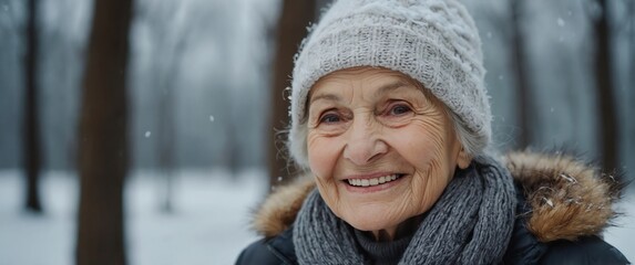 Poster - elderly woman smiling in winter background portrait model with clear natural face healthy face skin ad concept