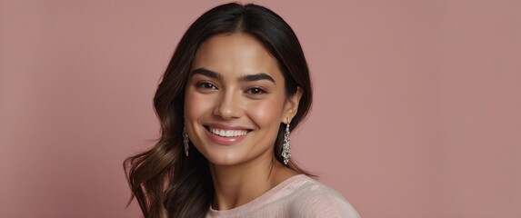 Poster - hispanic woman smiling in plain pink background portrait model with clear natural face healthy face skin ad concept