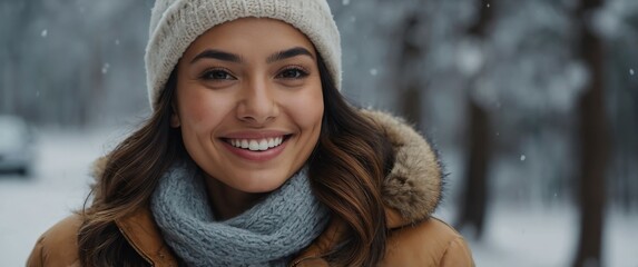 Poster - hispanic woman smiling in winter background portrait model with clear natural face healthy face skin ad concept