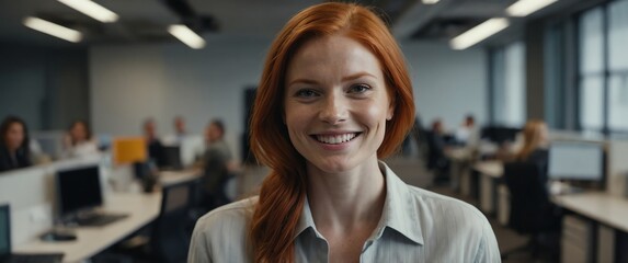 Poster - redhead woman smiling in office background portrait model with clear natural face healthy face skin ad concept