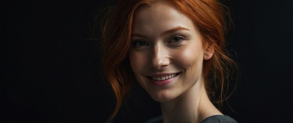 Poster - redhead woman smiling in plain black background portrait model with clear natural face healthy face skin ad concept