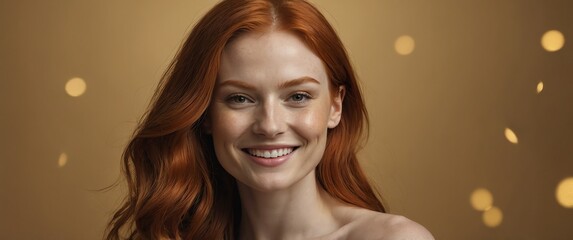 Poster - redhead woman smiling in plain gold background portrait model with clear natural face healthy face skin ad concept