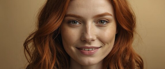 Poster - redhead woman smiling in plain gold background portrait model with clear natural face healthy face skin ad concept