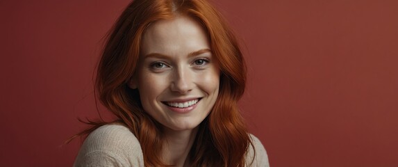 Poster - redhead woman smiling in plain red background portrait model with clear natural face healthy face skin ad concept