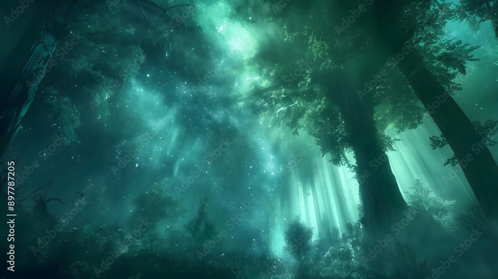 49. Create a mystical forest scene with towering trees and ...
