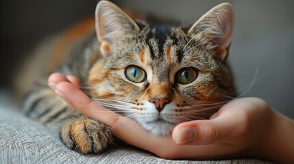 Wall Mural - A close-up shot of a hand holding a cat's paw, against a clean background, in advertising photography