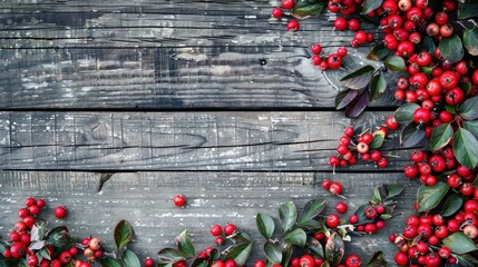 Canvas Print - Hawthorn Berries on Wooden Surface Top View