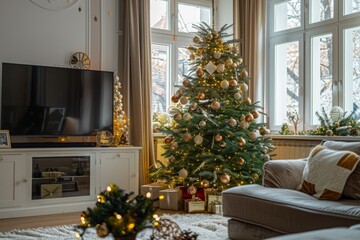 Christmas living room interior with decorated christmas tree, gifts and fireplace