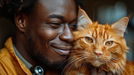 Wall Mural - a handsome light skin half black doctor veterinarian petting a cat in a vet office, lifestyle, photorealistic, 8k resolution,