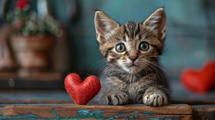 Wall Mural - Adorable anamorphic tabby kitten with white nose and white paws holding a cartoon heart for valentines day, cute, anamorphic