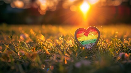 Poster - A rainbow heart in the grass at sunset.