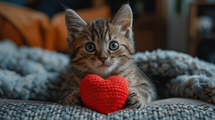 Wall Mural - Adorable anamorphic tabby kitten with white nose and white paws holding a cartoon heart for valentines day, cute, anamorphic