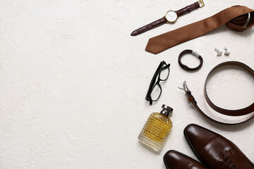 Wall Mural - Set of male accessories with perfume, wrist watch and eyeglasses on white background. Top view