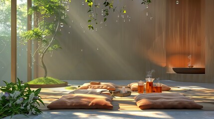 Sticker - Harmonious spa retreat with muted colors, a selection of herbal teas, and a quiet meditation area, solid color background