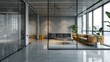 © Thanthara - Modern glass office interior with concrete flooring and furniture