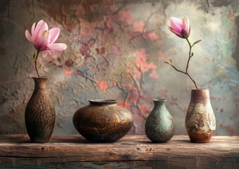 Magnolia flowers in vases on wooden table and grunge background