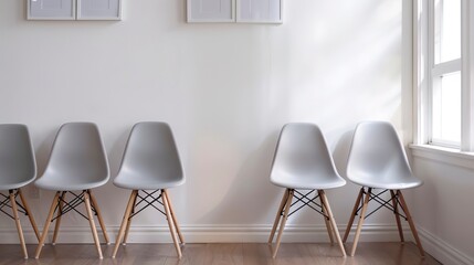 Wall Mural - doctor's office waiting room with a white wall, some soft gray chairs, oak flooring