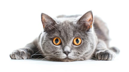 Wall Mural - Purebred cat with gray fur and large orange eyes on a white background